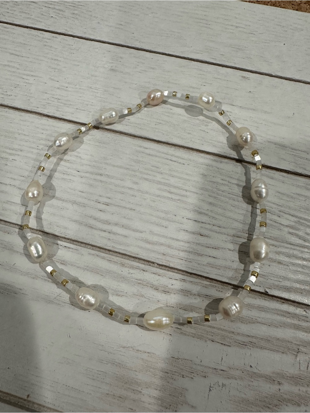 Freshwater Pearl and Gold Bead Stretch Anklet - Coastal Beach Vacation Jewelry